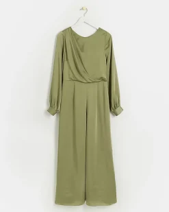 Green satin open back jumpsuit