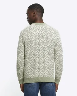 Green slim fit jacquard crew jumper
