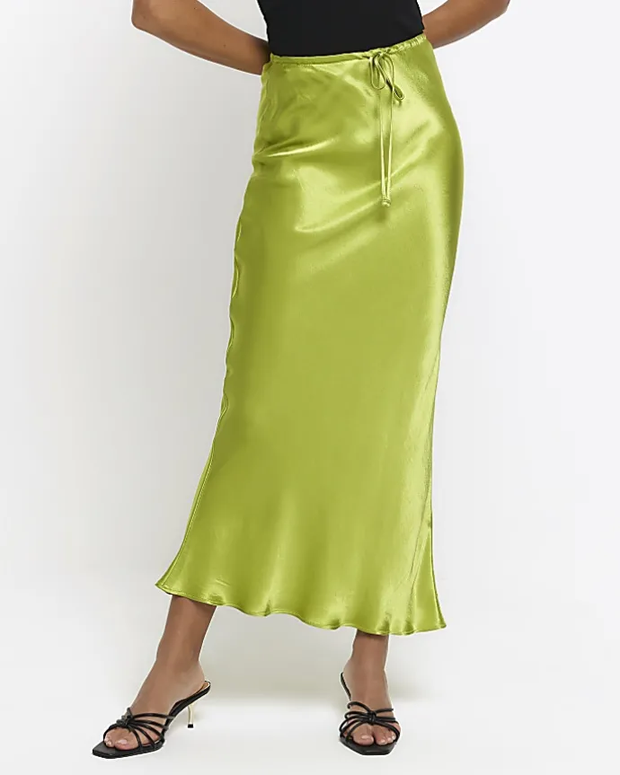 Green tie waist midi skirt