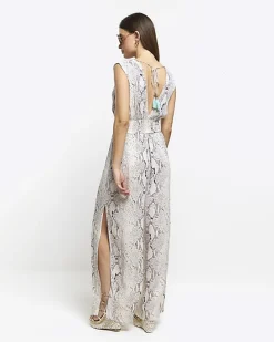 Grey animal print plunge jumpsuit