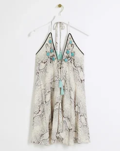 Grey animal print plunge beach mini dress