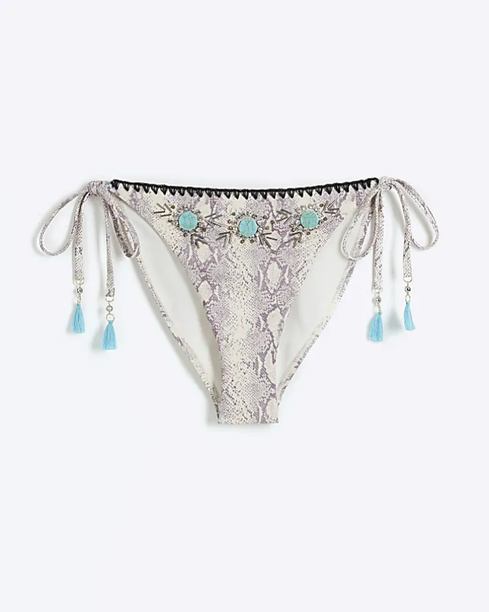 Grey animal print tie side bikini bottoms