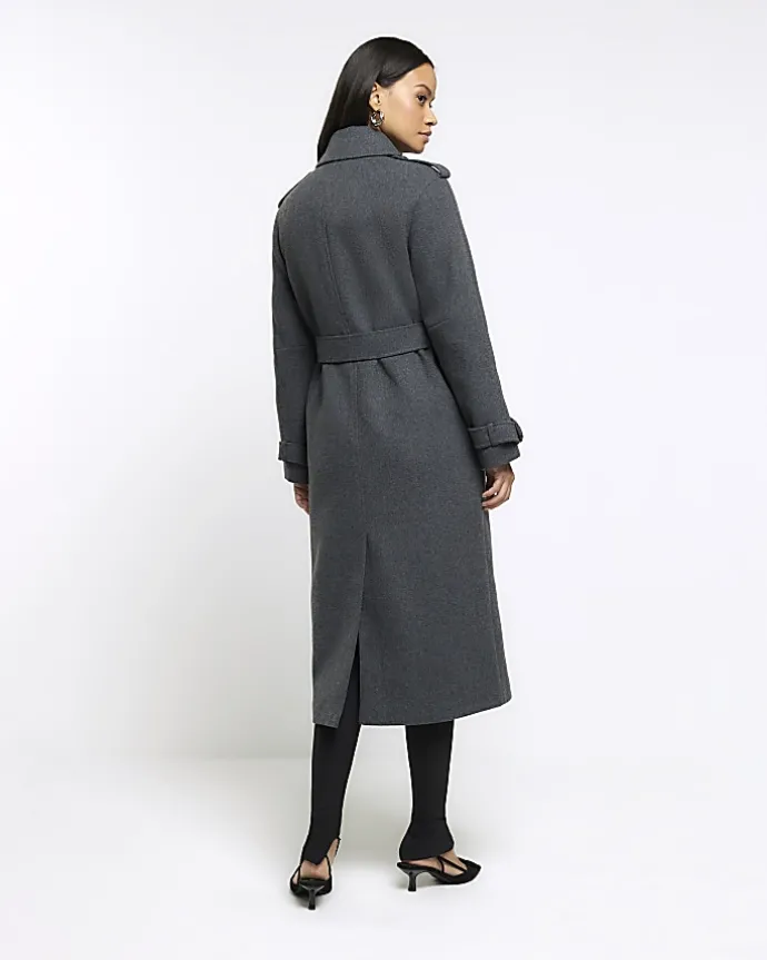 Grey belted longline trench coat