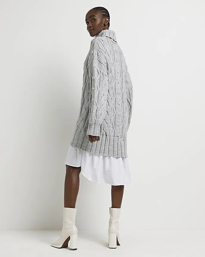 Grey cable knit mini jumper shirt dress