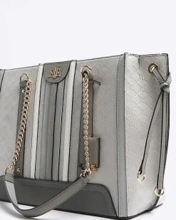Grey embossed monogram chain tote bag