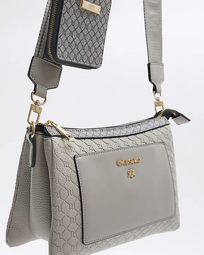 Grey embossed RI cross body bag