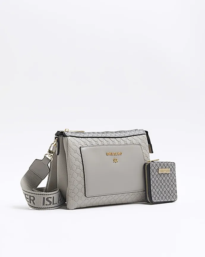 Grey embossed RI cross body bag