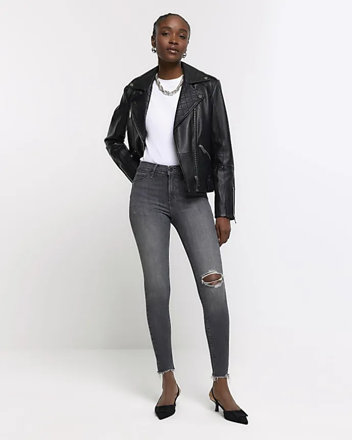 Grey high waisted bum sculpt ripped jeggings
