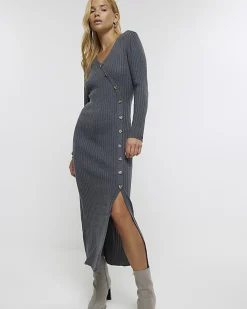 Grey knit bodycon midi dress