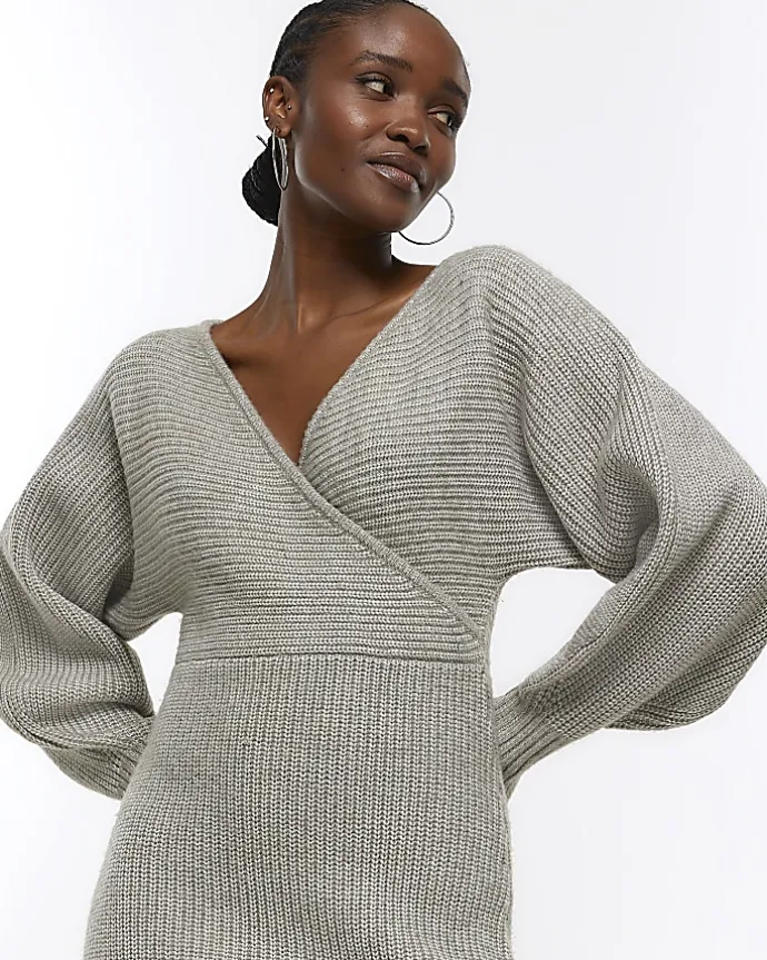 Grey knit wrap jumper midi dress