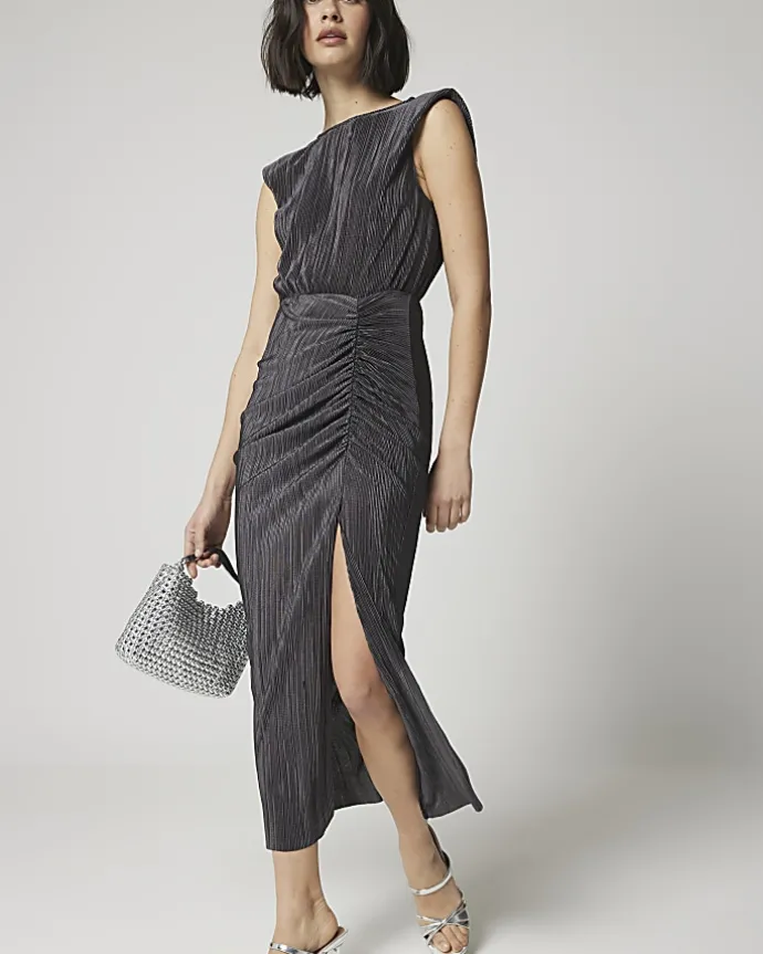 Grey plisse ruched dress