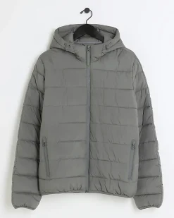 Grey regular fit hooded puffer jacket