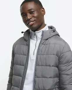 Grey regular fit hooded puffer jacket