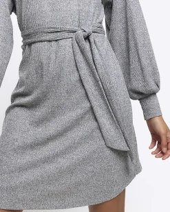 Grey rib belted jumper mini dress