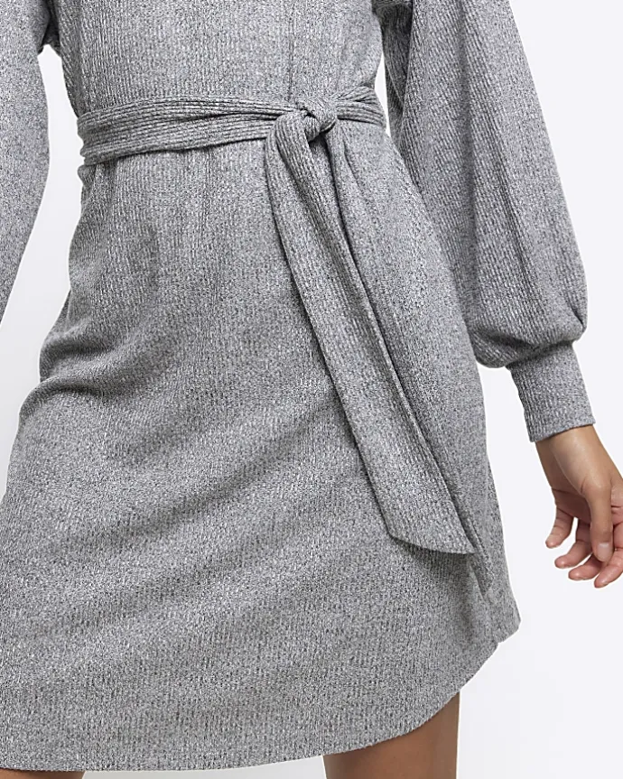 Grey rib belted jumper mini dress
