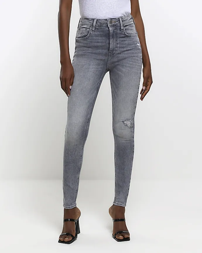 Grey ripped high waisted super skinny jeans