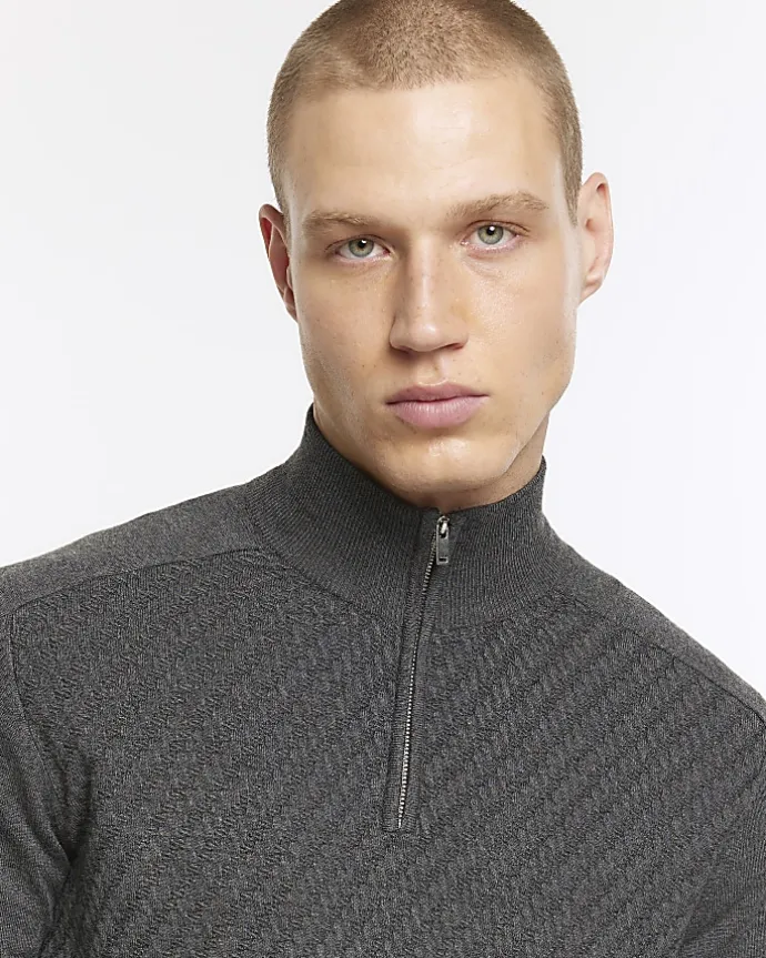 Grey slim fit cable half zip jumper