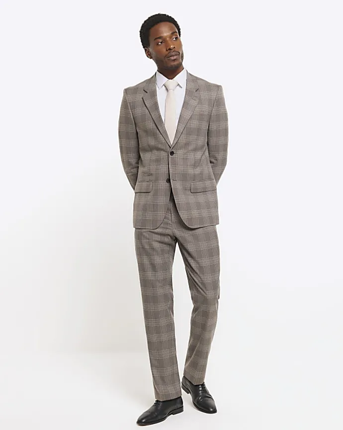 Grey slim fit check suit jacket