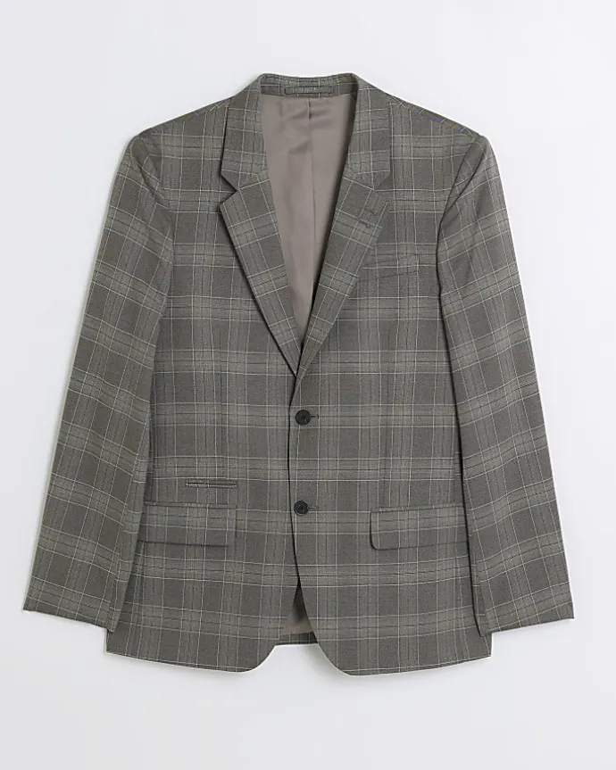 Grey slim fit check suit jacket