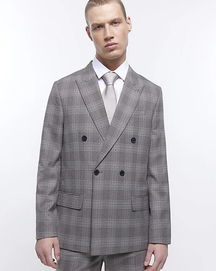 Grey slim fit check suit jacket