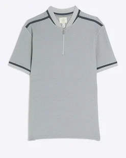 Grey slim fit taped baseball collar polo