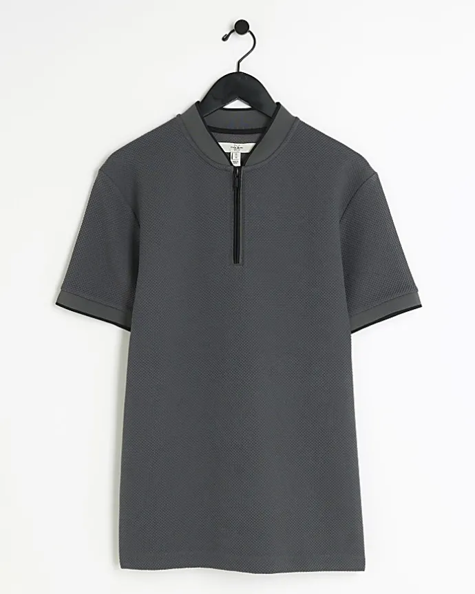 Grey slim fit textured baseball polo