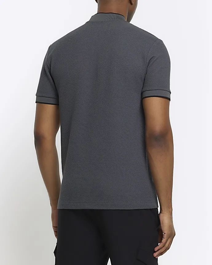 Grey slim fit textured baseball polo