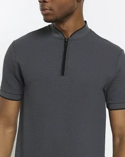 Grey slim fit textured baseball polo
