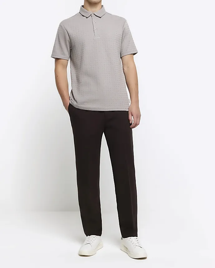 Grey slim fit weave jacquard polo