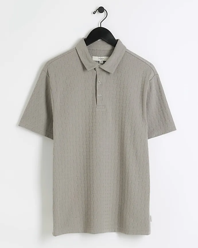 Grey slim fit weave jacquard polo