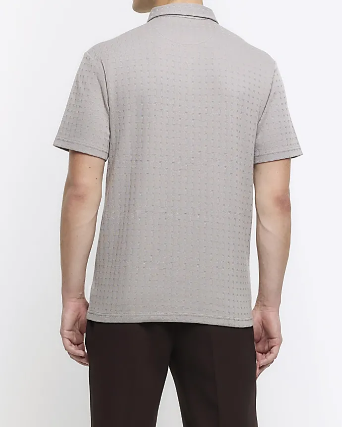 Grey slim fit weave jacquard polo