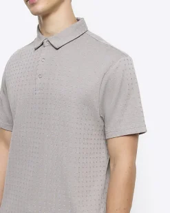 Grey slim fit weave jacquard polo