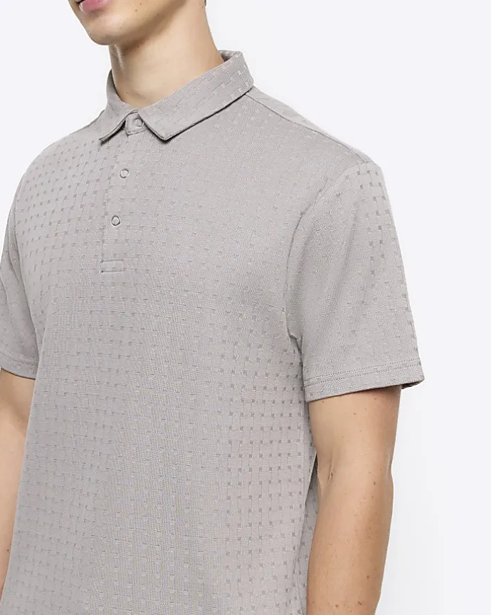 Grey slim fit weave jacquard polo