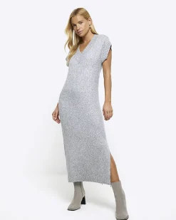Grey split hem jumper midi dress