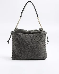 Grey suede weave slouch tote bag
