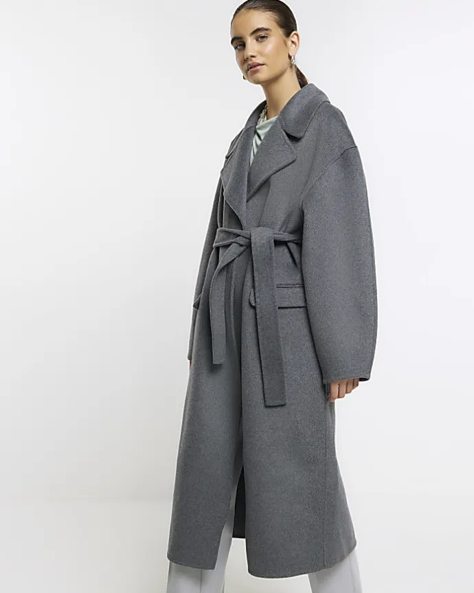 Grey wool blend belted coat