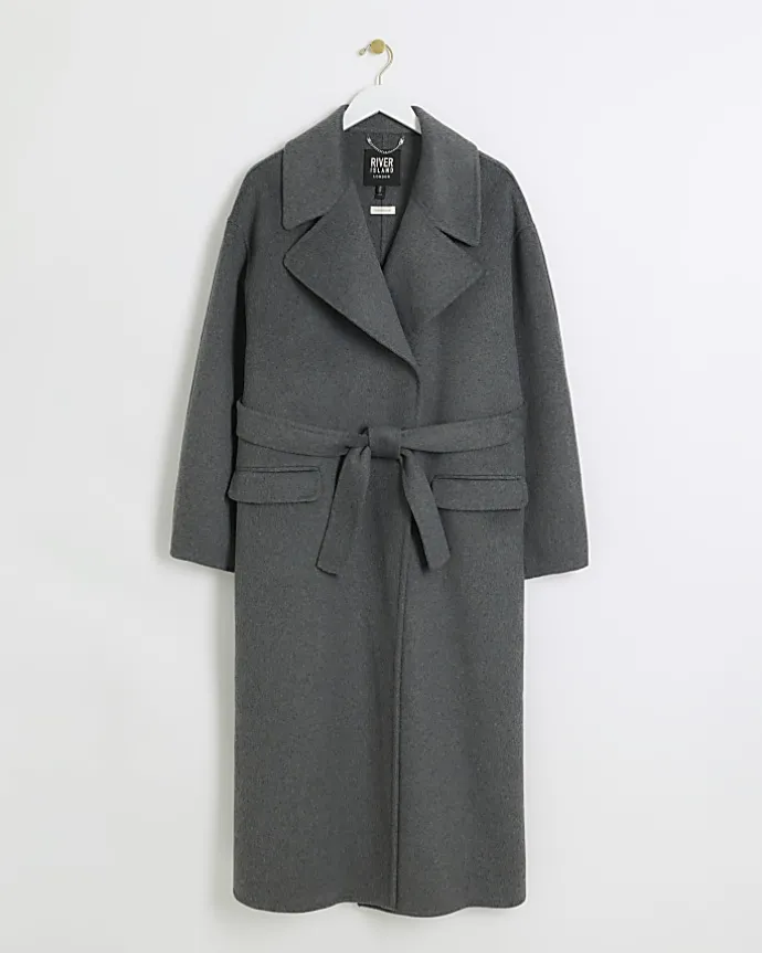 Grey wool blend belted coat