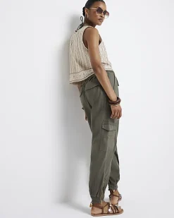 Khaki belted utility cargo trousers