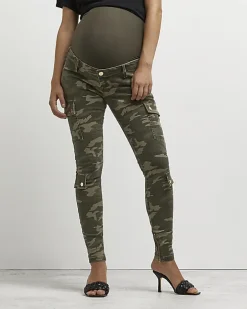 Khaki camo print maternity cargo trousers