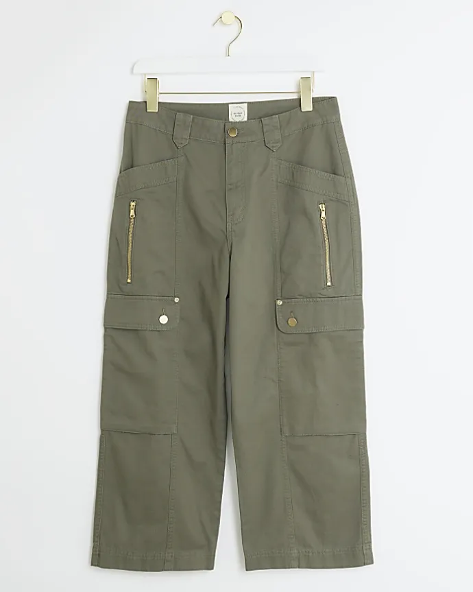 Khaki cargo crop wide leg trousers
