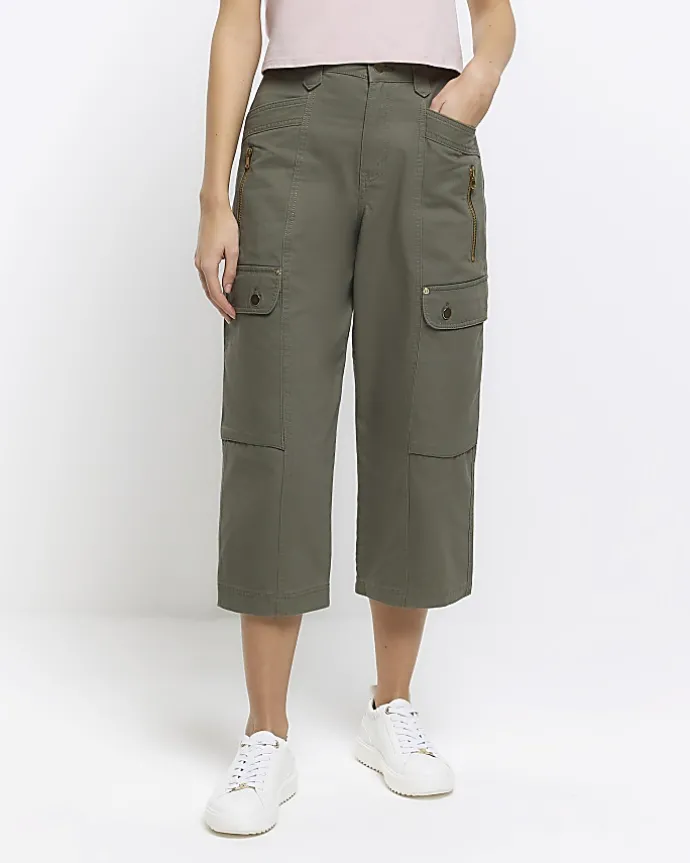 Khaki cargo crop wide leg trousers