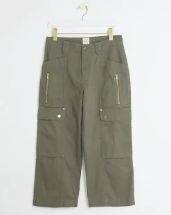 Khaki cargo crop wide leg trousers