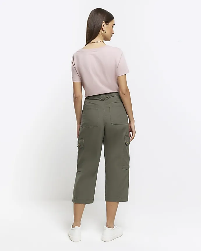 Khaki cargo crop wide leg trousers