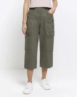 Khaki cargo crop wide leg trousers