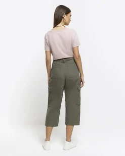 Khaki cargo crop wide leg trousers