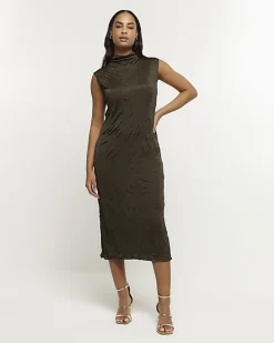 Khaki crinkle high neck bodycon midi dress