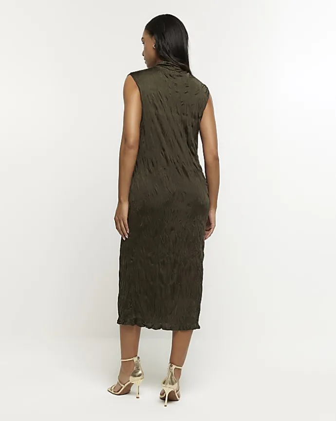 Khaki crinkle high neck bodycon midi dress