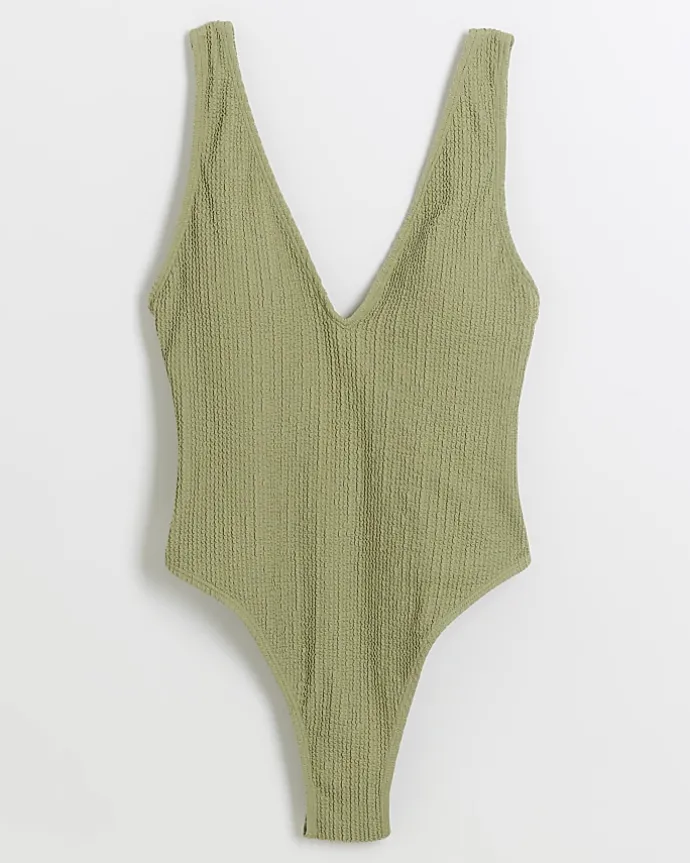 Khaki crinkle plunge swimsuit