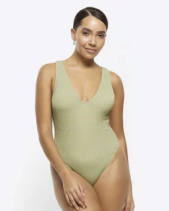 Khaki crinkle plunge swimsuit