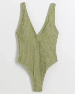 Khaki crinkle plunge swimsuit
